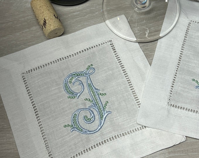 Personalized Beaded Script Monogram Linen Cocktail Napkin, Linen Cocktail Napkins, Housewarming gift, hostess gift