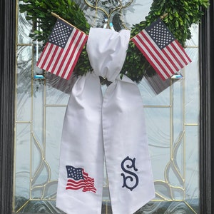 Waving Flag & Monogram Wreath Sash, July 4th Door Decor, Memorial Day Wreath Bow