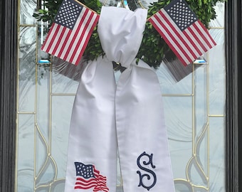 Waving Flag & Monogram Wreath Sash, July 4th Door Decor, Memorial Day Wreath Bow