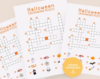Halloween Crossword Puzzle Printout, Kids Party Activity, Word Game, Digital Download PDF