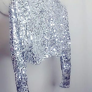 May include: A silver sequined top with long sleeves and a cropped hem.
