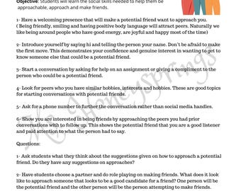 May include: A lesson plan titled "Friends: Choosing Who Will Be In My Circle" with text about social skills for making friends. Includes illustrations of diverse people and children. The document is labeled "Lesson 10 Teacher Key."