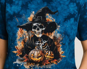 スケルトンウィッチシャツ、ハロウィンタイダイTシャツ、不気味なパンプキングラフィックTシャツ、ゴシック秋シャツ、魔女スケルトントップ、ホラーハロウィンシャツ