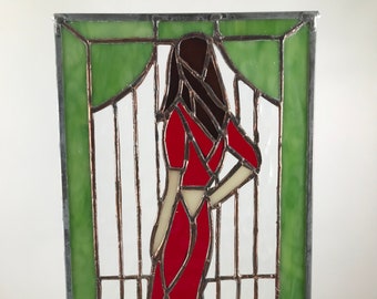 11 in stained glass panel - elegant woman's silhouette. Handcrafted classical design.