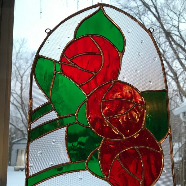 Art Nouveau style red rose stained glass - 10.5in tall arched window frame with a clear textured background. Handmade, glass art.