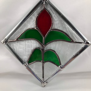 Stained glass red tulip - diamond shaped frame. Glass art- hand made- home décor.
