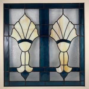 Art Deco stained glass panel - cream colored painted wooden frame - glass art - home decor