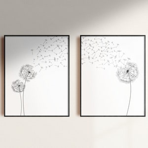 Dandelion Wall Art Set of 2 - Dandelion Drawing - Botanical Print - Flower Drawing - Dandelion Poster - Digital Download - 6 SIZES