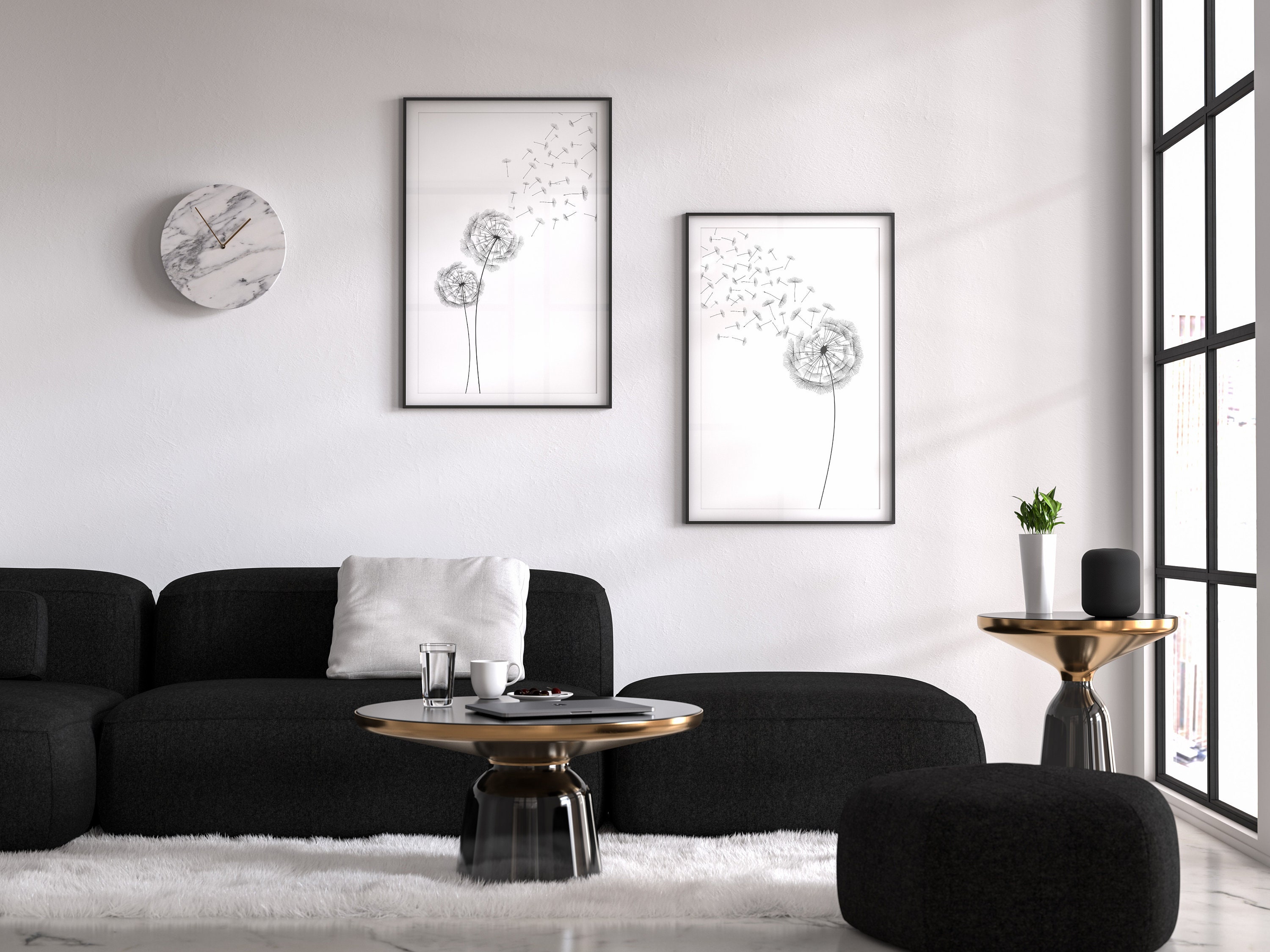 Dandelion Wall Art Set of 2 Dandelion Drawing Botanical Etsy
