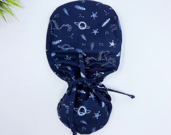 Interstellar Ponytail scrub cap, Surgical cap women. Satin Lined Option Surgical cap with ponytail.