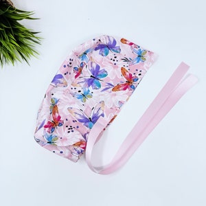 Butterfly on pink Euro PLUS style with ties Scrub Cap for Women, European Surgical cap with Satin Lined Option.