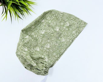 Green Floral Euro Scrub Cap for Women, Surgical cap Satin Lined Option