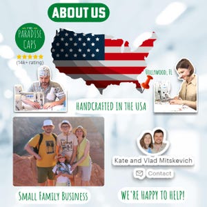 May include: A family-run business in the USA, The Paradise Caps, makes handcrafted hats. The image shows a map of the United States with a pin marking Hollywood, Florida. It also shows a family photo and a photo of a sewing machine. The text "HANDCRAFTED IN THE USA" and "SMALL FAMILY BUSINESS" are also visible.