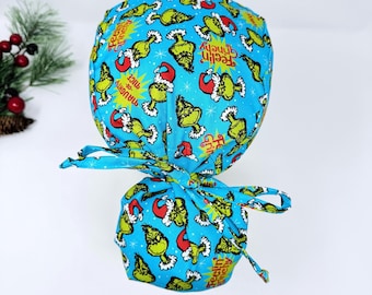 Christmas Ponytail scrub cap with Satin Lined. Surgical scrub hats for women by Paradise Caps.