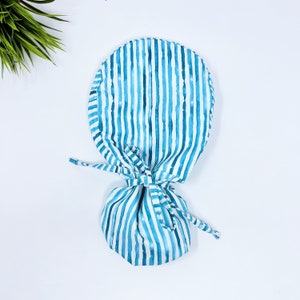 Blue Rows Ponytail scrub cap, Surgical cap women. Satin lined option Surgical cap with ponytail.