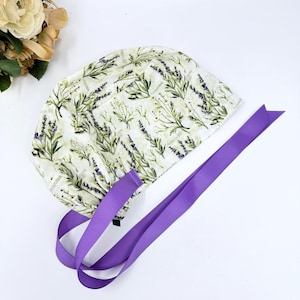 Lavender Euro scrub cap with ties for Women. Floral European Surgical cap with Satin Lined by Paradise Caps.