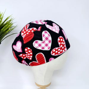 Valentine's day Euro scrub cap for women, Heart euro style surgical cap with satin lined by Paradise Caps. Valentines Quilted Hearts - print