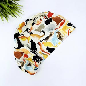 Cat Euro scrub cap for women, Funny surgical cap with satin lined by Paradise Caps.