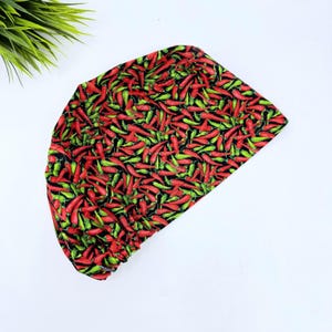 Chili Euro Scrub Cap for Women, Pepper European surgical hat with satin lined by Paradise Caps.