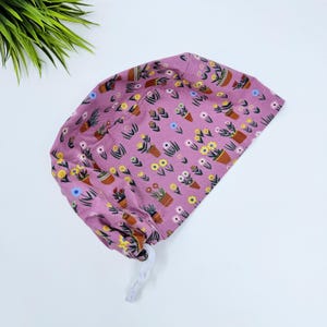 Plant pot satin lined Euro scrub cap for women, Floral surgical hat by Paradise Caps.