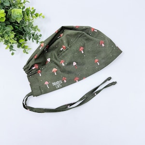 Mushroom Men&#39;s surgical cap. Fall skull tie-back style scrub cap by Paradise Caps.