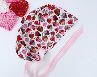 Valentine&#39;s day Euro scrub cap with ties for Women, Strawberry European Surgical cap with Satin Lined by Paradise Caps.