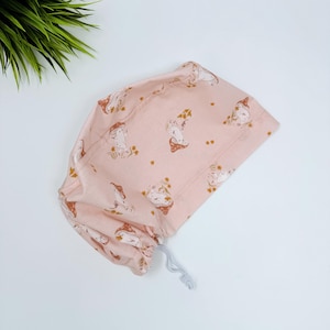 Mushroom Euro scrub cap for women, Pink Surgical hat with satin lined by Paradise Caps. Pearl Mushrooms - print.