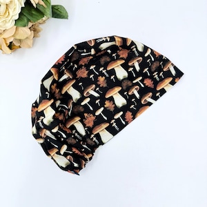 Mushroom Euro scrub cap for women. Fall European surgical cap with satin lined by Paradise Caps.