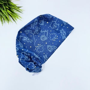 Constellation Euro scrub cap for women. Space surgical hat with satin lined by Paradise Caps. Navy