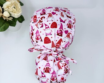 Valentine&#39;s day Ponytail scrub cap with Satin Lined Option. Love Gnomes Ponytail scrub cap for women by Paradise Caps.
