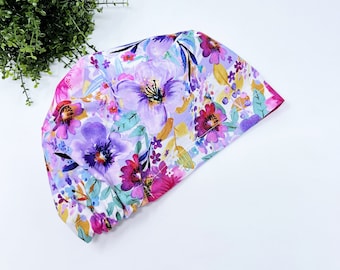 Floral Euro Scrub Cap for Women, Surgical hat satin lined by Paradise Caps.