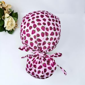 Strawberry Ponytail Scrub Cap for women by ParadiseCaps. Satin Lined option Surgical cap with ponytail.