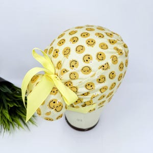 Euro scrub cap with ties for women. Smile European satin lined surgical cap by Paradise Caps. Euro PLUS style.