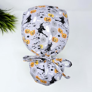 Halloween ponytail scrub cap, Fall Surgical cap for women with satin lined option by Paradise Caps.