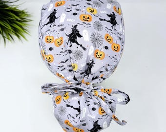 Czepek chirurgiczny na Halloween z kucykiem, jesienny czepek chirurgiczny dla kobiet z podszewką satynową od Paradise Caps.