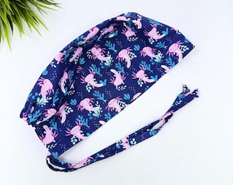 Men's surgical scrub cap. Axolotl skull tie-back style scrub cap by Paradise Caps. Navy.