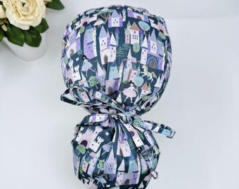 Ponytail scrub cap with Satin Lined Option, Castle scrub hat women. Princess surgical hat with ponytail by Paradise Caps