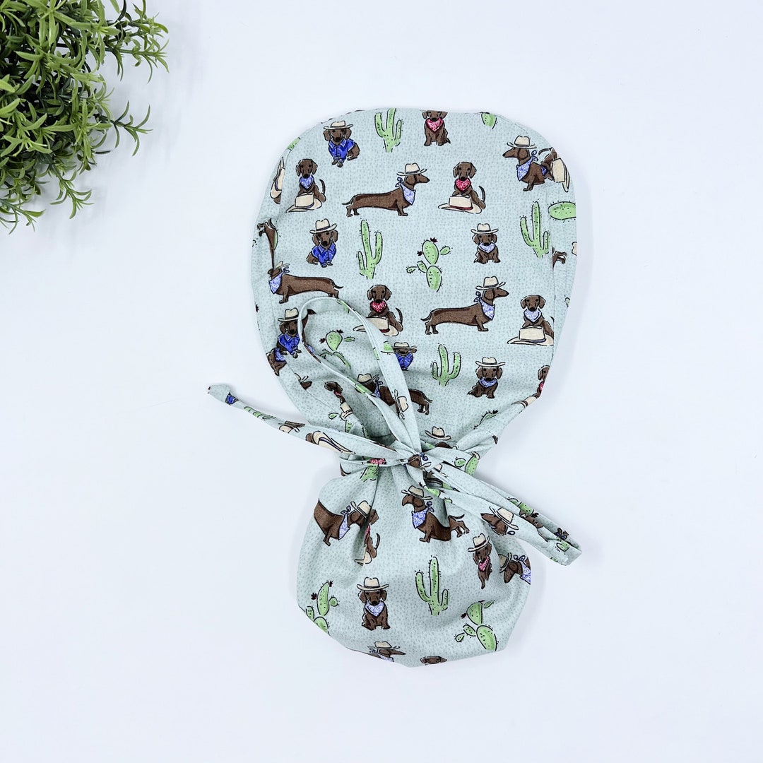 Dachshunds Ponytail Scrub Cap, Satin Lined Option. Dogs Scrub Cap With