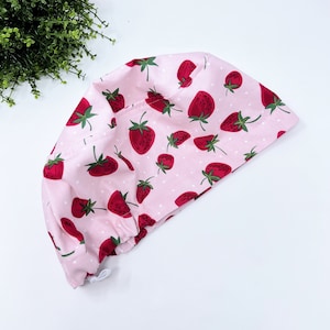 Strawberry Euro Scrub Cap for Women, European surgical hat with satin lined by Paradise Caps.