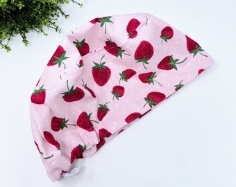 Strawberry Euro Scrub Cap for Women, European surgical hat with satin lined by Paradise Caps.