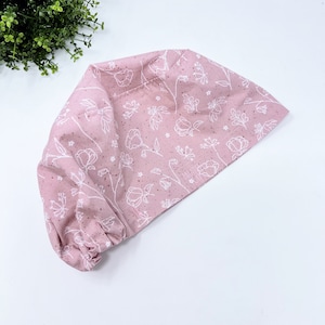 Floral Euro surgical cap with satin lined. Pink Euro scrub cap for women by Paradise Caps.