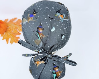 Gorro quirúrgico de Halloween con diseño de bruja, gato y coleta, de algodón, con forro de satén opcional.
