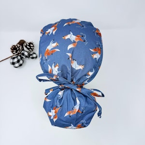 Fox Ponytail scrub cap satin lined. Winter scrub cap with ponytail holder for women by Paradise Caps.