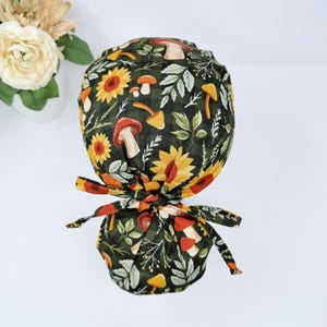 Fall flower Ponytail scrub cap for women. Satin Lined Option Surgical cap with ponytail by Paradise Caps.