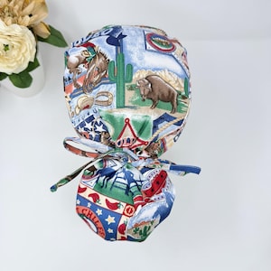 Rodeo Ponytail scrub cap for women. Cowboy Scrub hat for women with satin lined option by Paradise Caps.