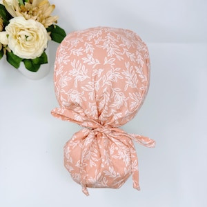 Glamp Leaves Ponytail scrub hat by ParadiseCaps, Surgical cap for women with Satin Lined Option.