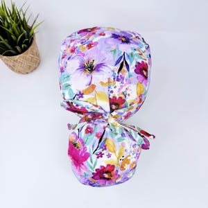 Floral ponytail scrub cap by Paradise Caps, Summer scrub cap with ponytail holder. Satin Lined Option Scrub Cap