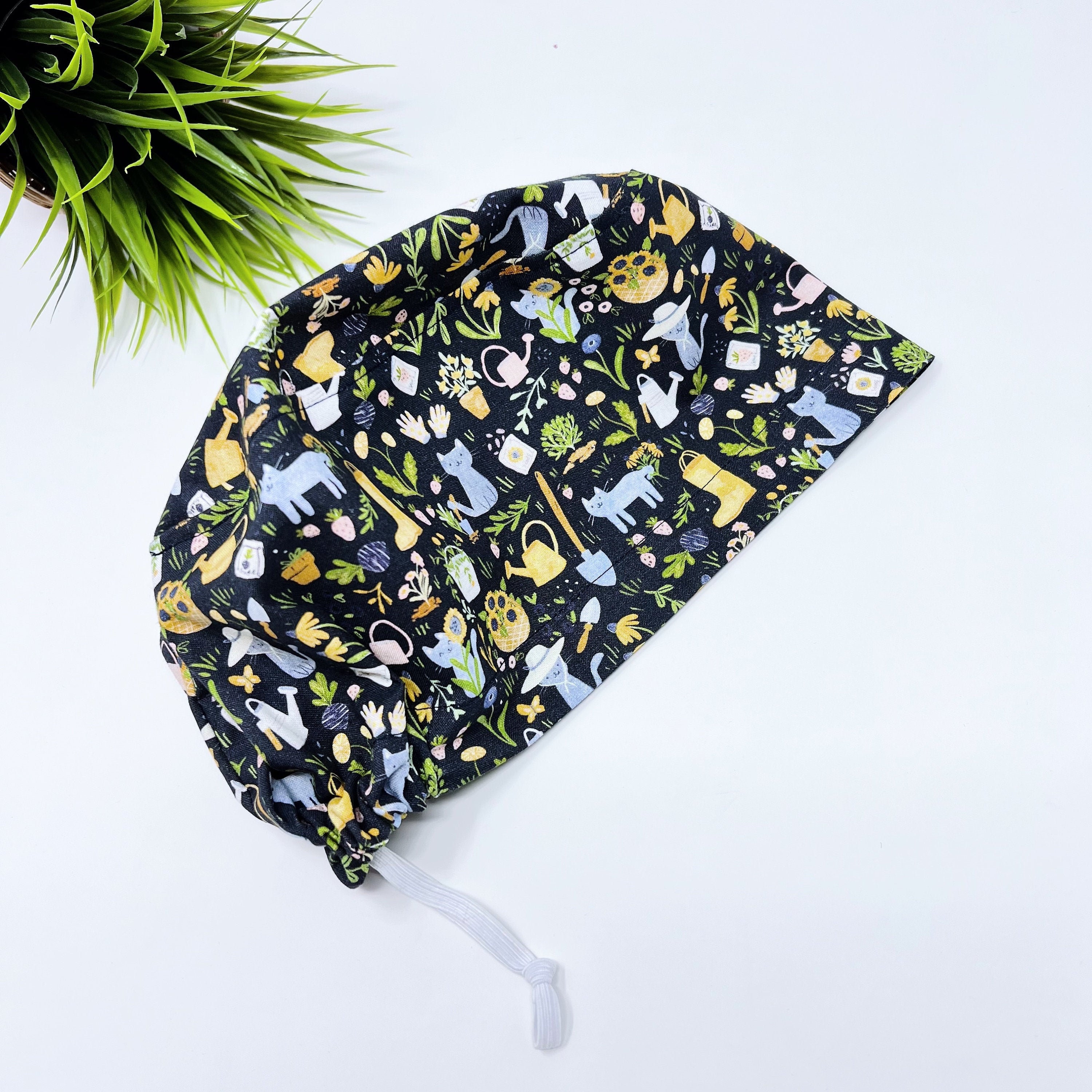 Cat Euro scrub cap for women. Garden European satin lined surgical cap by Paradise Caps.