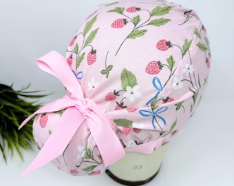Strawberry Euro scrub cap with ties for Women, Pink European Surgical cap with Satin Lined by Paradise Caps. Euro PLUS style.