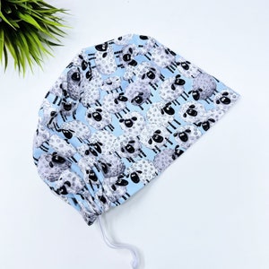 Sheep Euro scrub cap for women. European satin lined surgical cap by Paradise Caps. Allover Sheep - print.